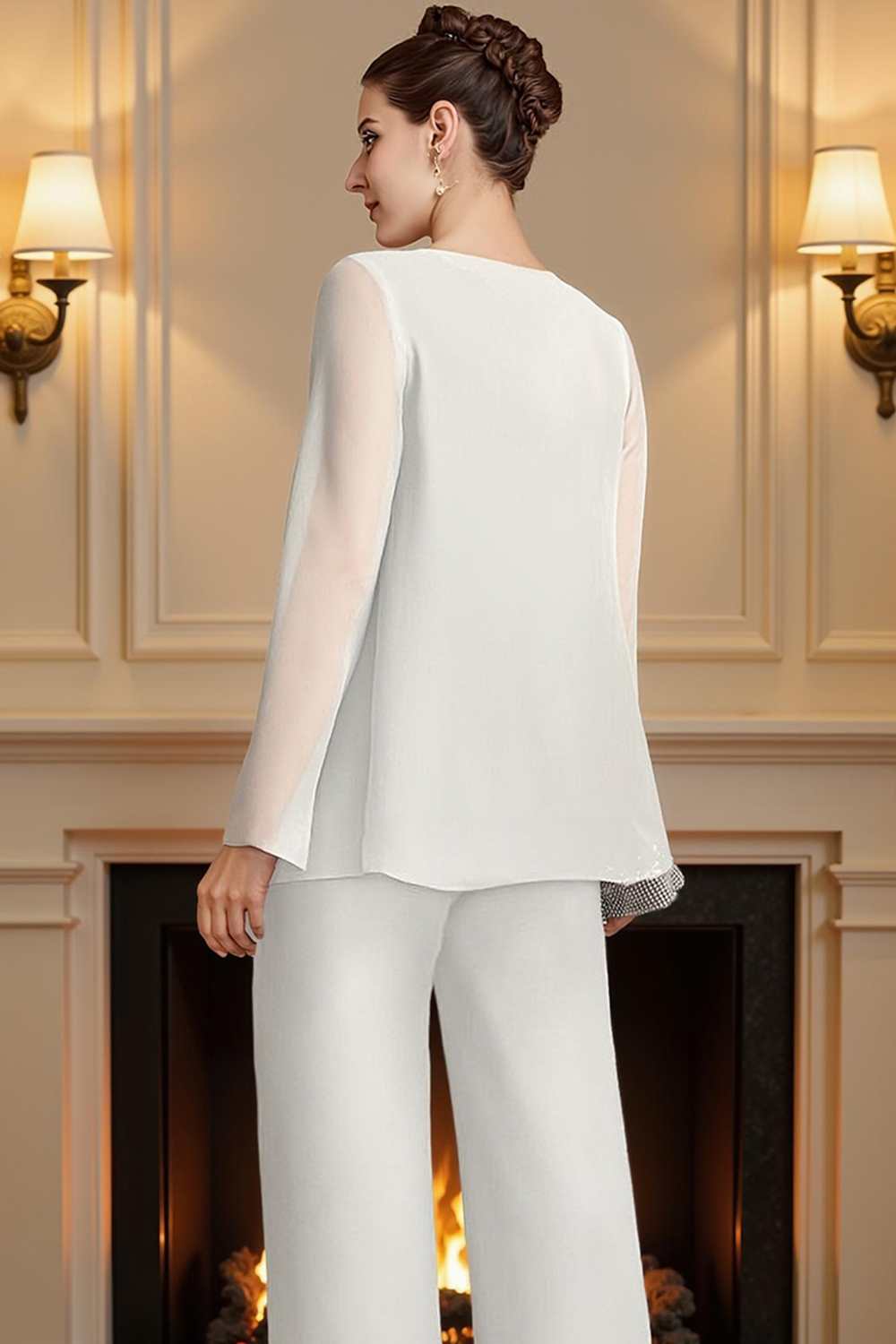 White Bateau Neck 3 Piece Mother of the Bride Pant Suits with Jacket