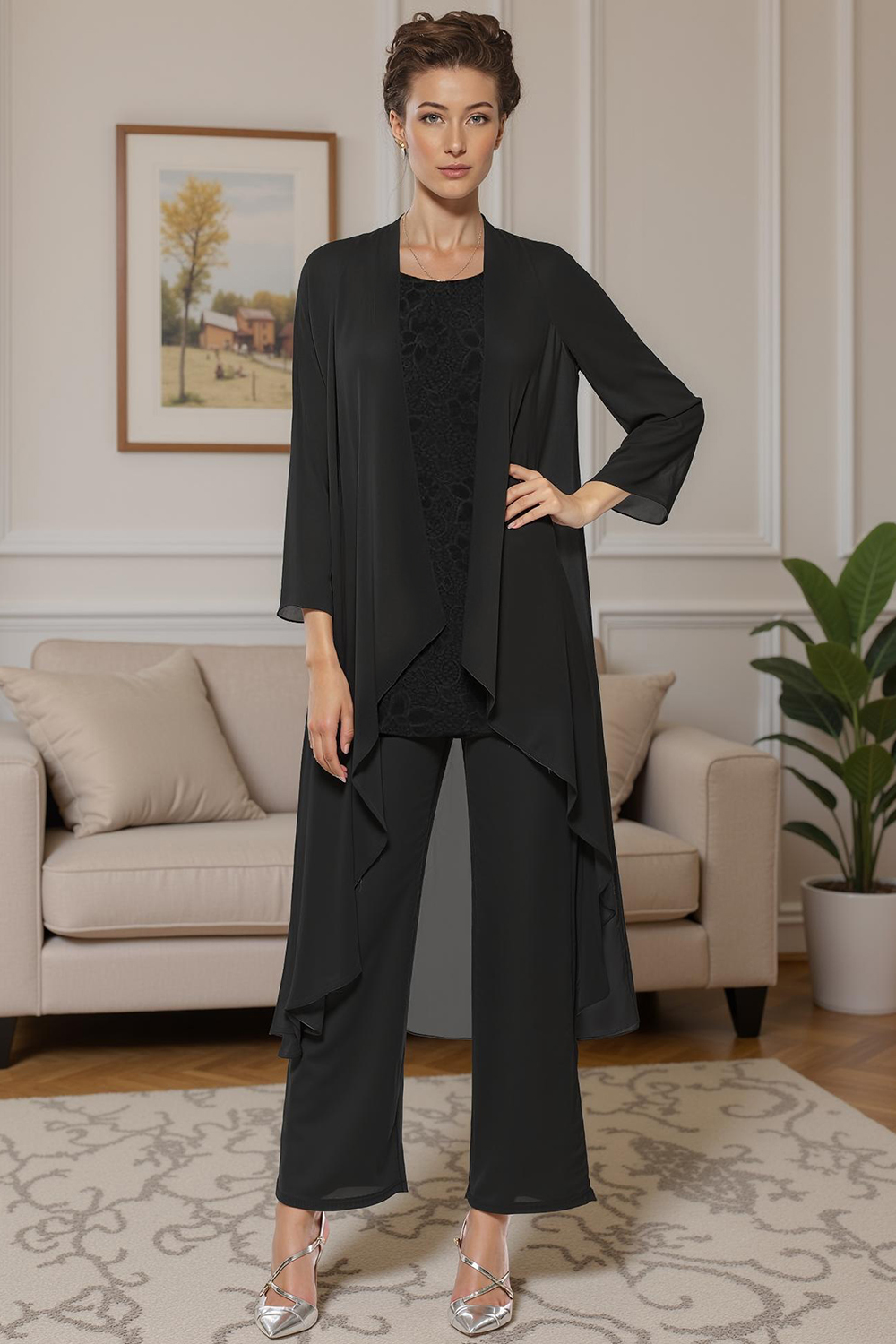 Khaki Boat Neck Chiffon 3 Piece Mother of the Bride Pant Suits with Jacket