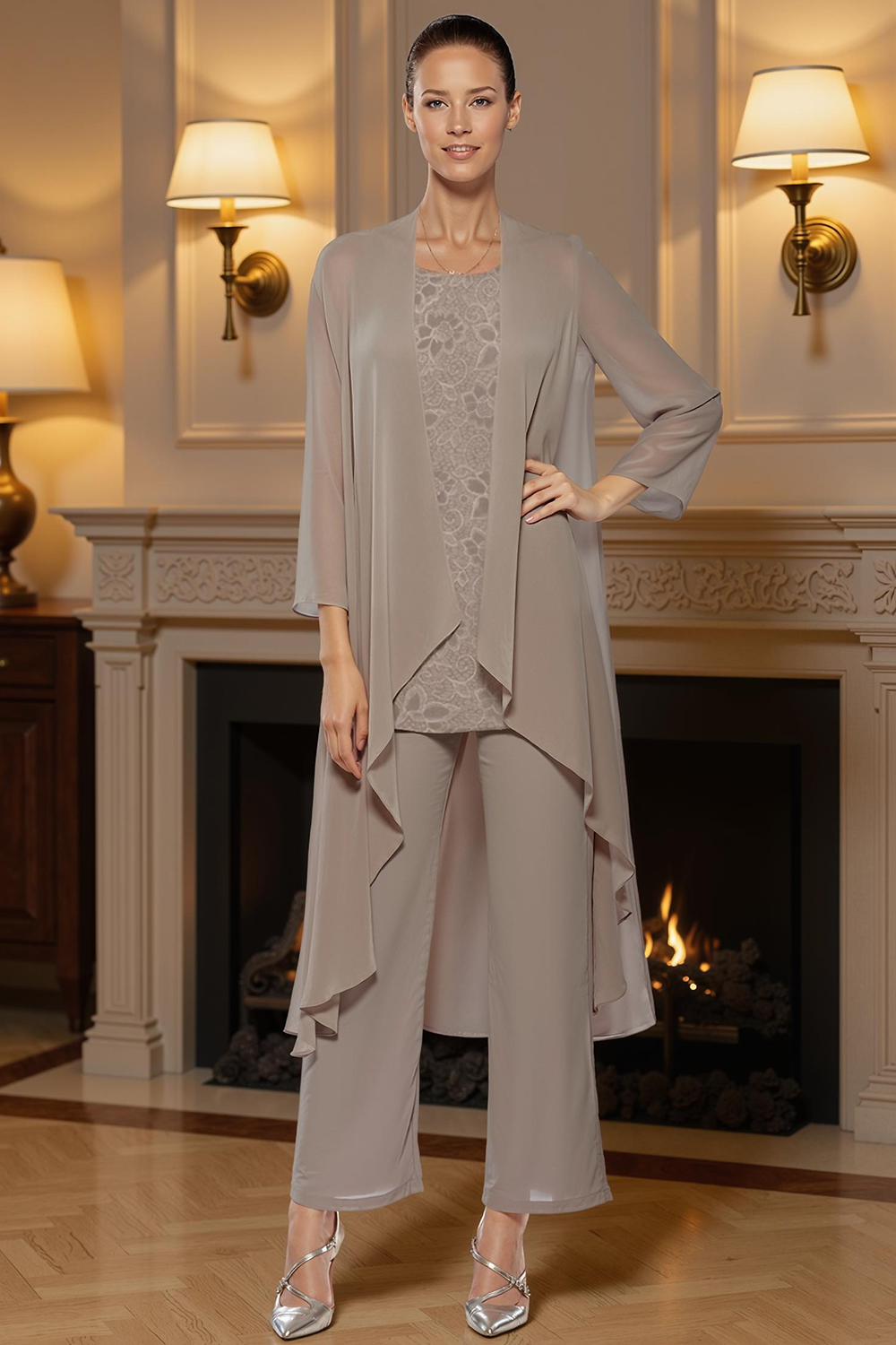 Khaki Boat Neck Chiffon 3 Piece Mother of the Bride Pant Suits with Jacket