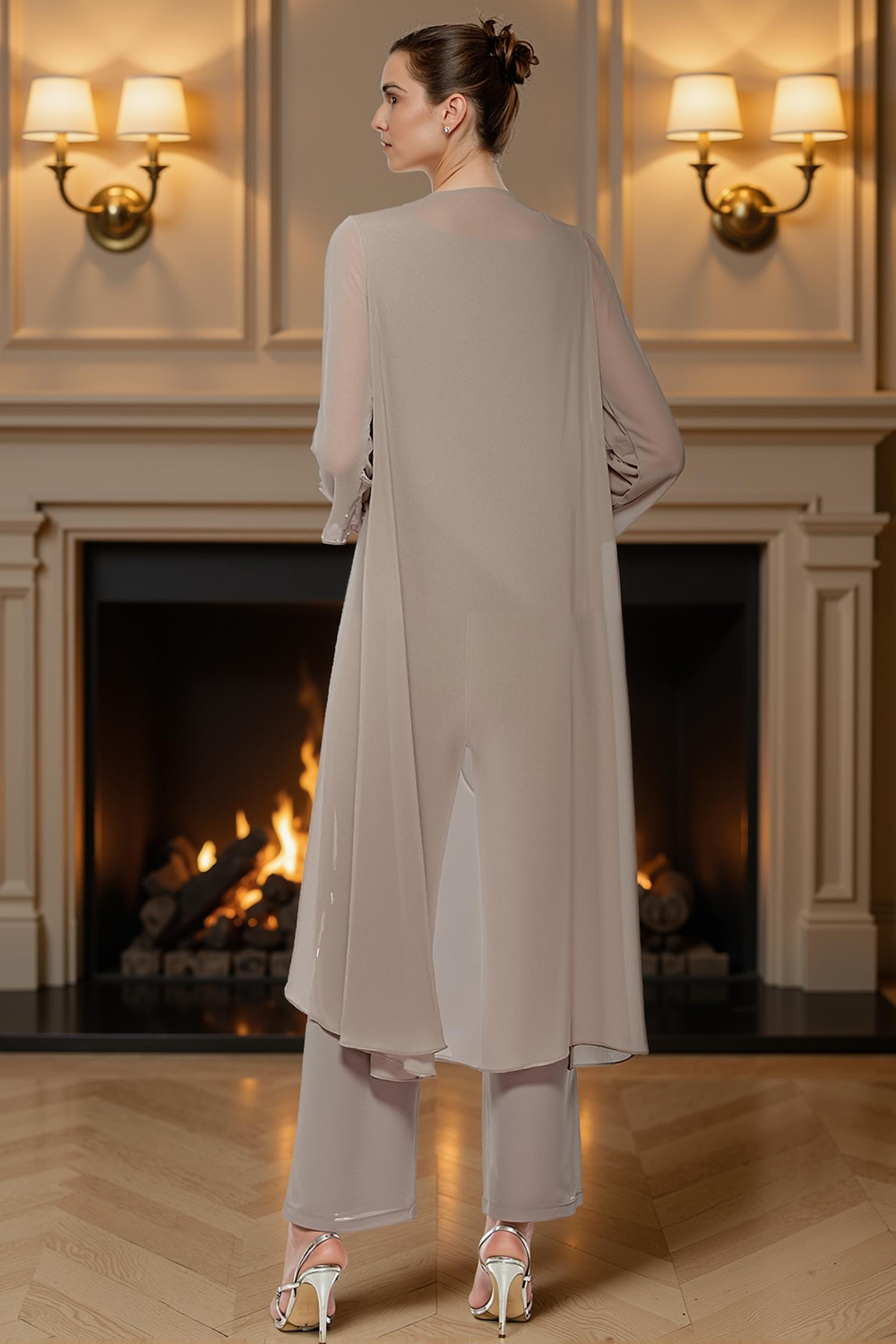 Khaki Boat Neck Chiffon 3 Piece Mother of the Bride Pant Suits with Jacket