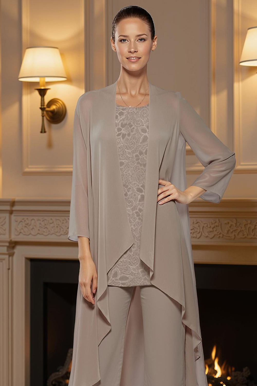 Khaki Boat Neck Chiffon 3 Piece Mother of the Bride Pant Suits with Jacket