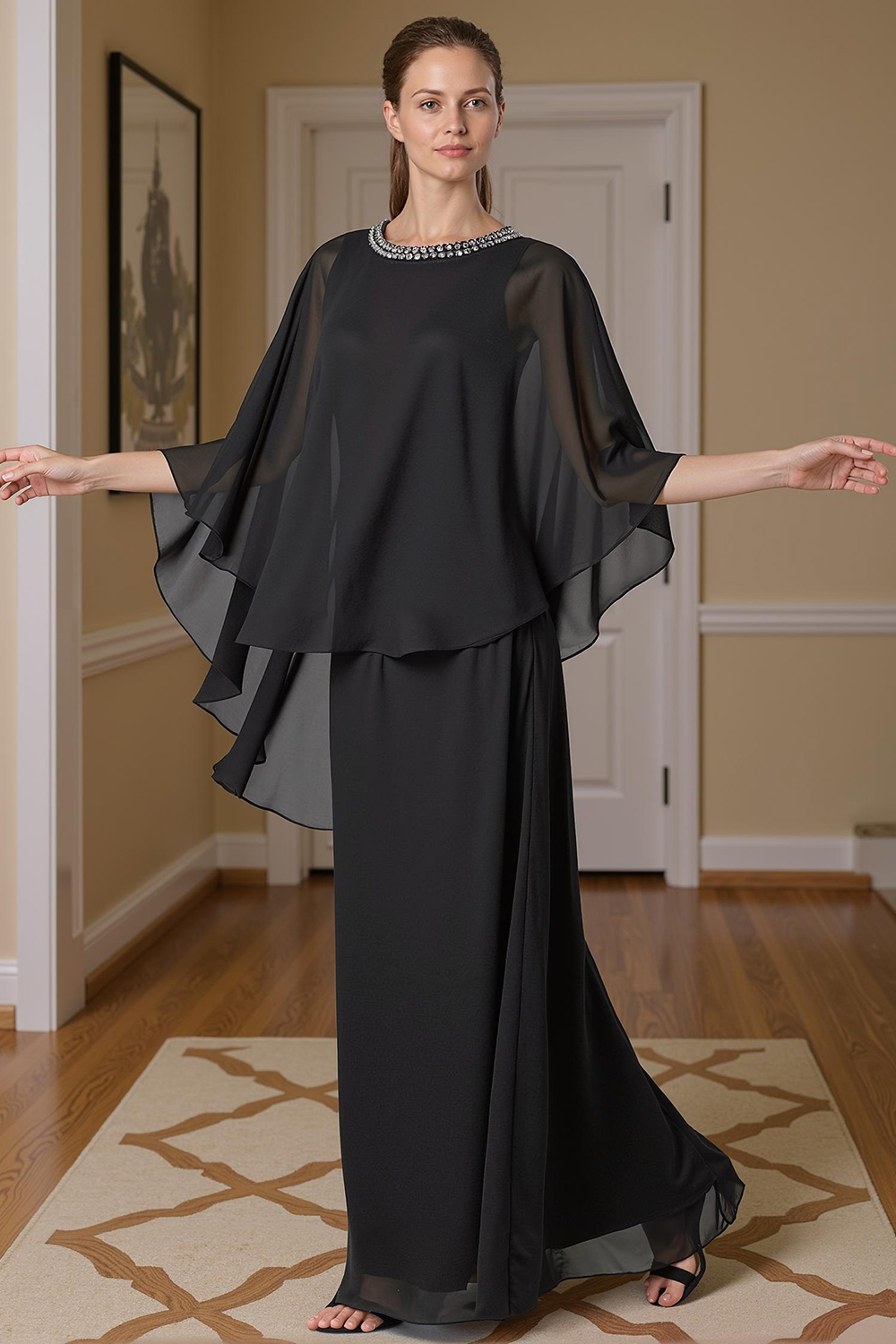 Sparkly Black Beaded Sheath 2 Piece Floor-Length Mother of the Bride Dress with Cape