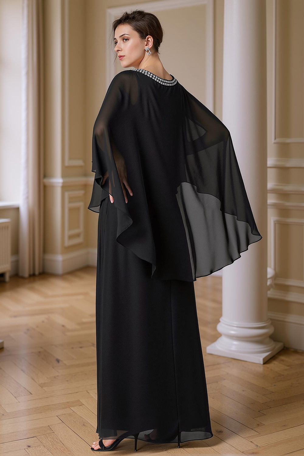 Sparkly Black Beaded Sheath 2 Piece Floor-Length Mother of the Bride Dress with Cape