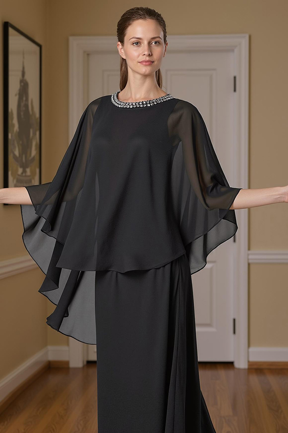 Sparkly Black Beaded Sheath 2 Piece Floor-Length Mother of the Bride Dress with Cape