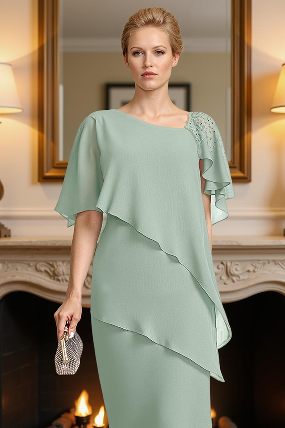 Sparkly Mint Green Sheath Knee-Length Mother of the Bride Dress with Beading