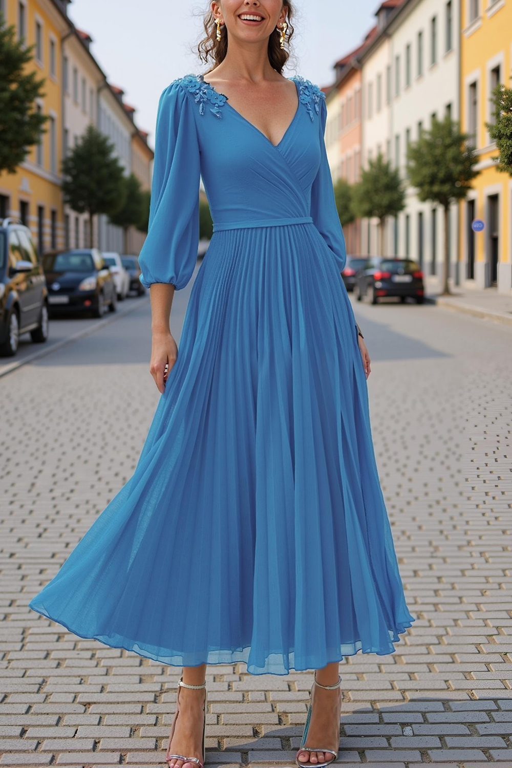 Blue Pleated V-Neck Tea-Length Mother of the Bride Dress with 3D Flower