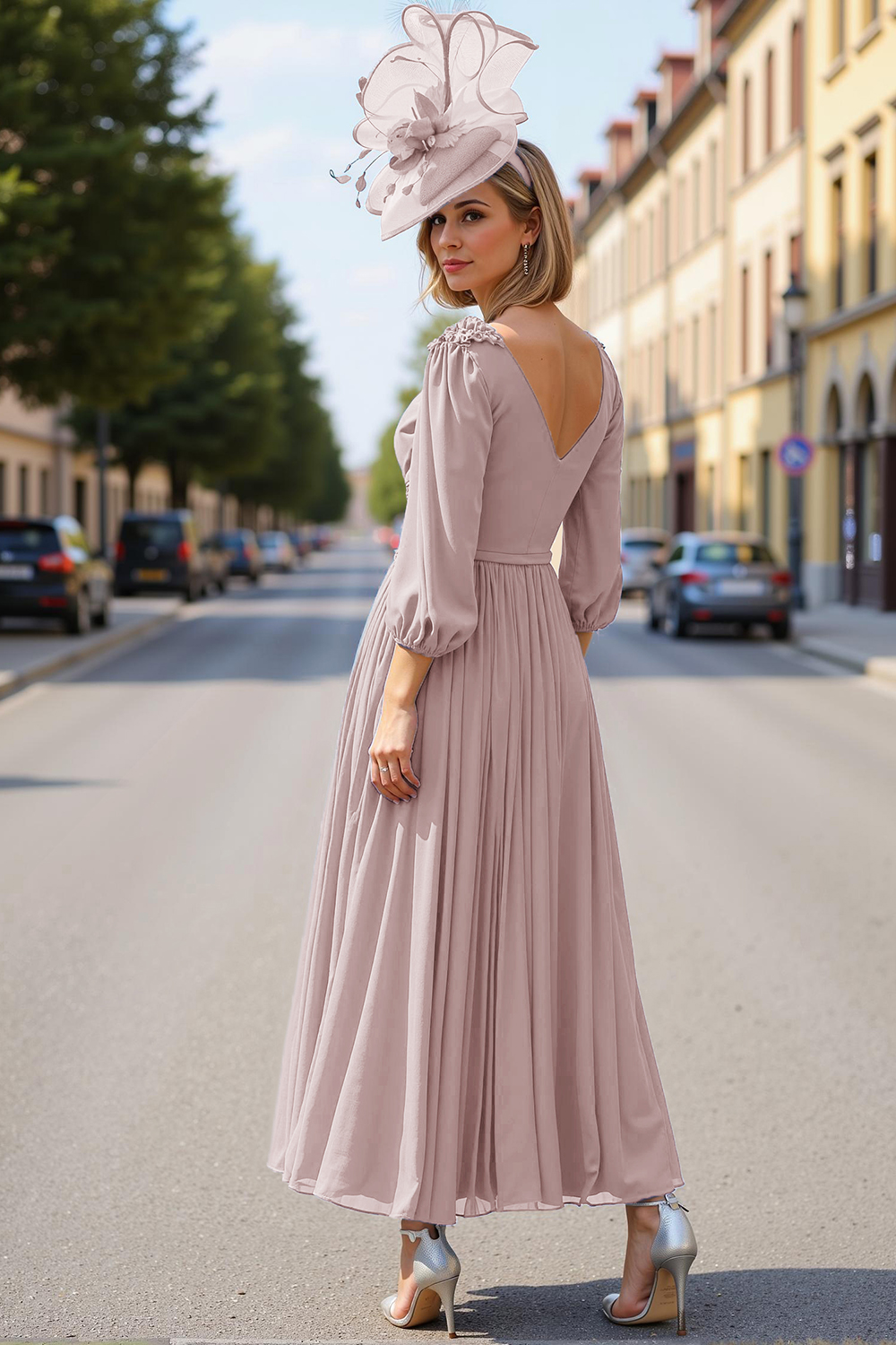 Blue Pleated V-Neck Tea-Length Mother of the Bride Dress with 3D Flower