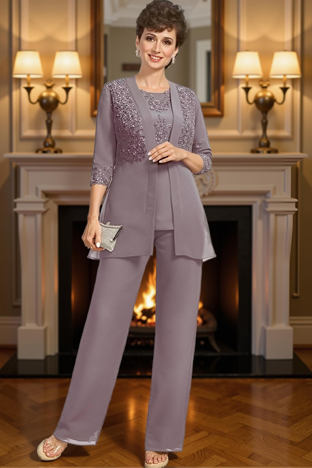 Sparkly Dusk Sequin 3 Piece Mother of the Bride Pant Suits with Jacket