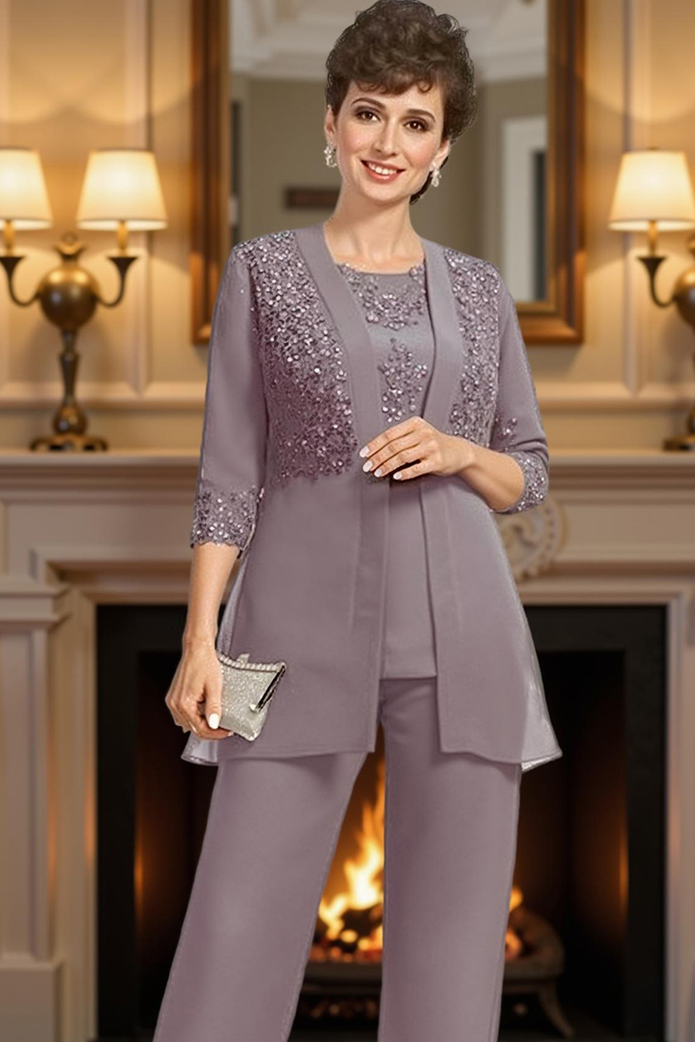 Sparkly Dusk Sequin 3 Piece Mother of the Bride Pant Suits with Jacket