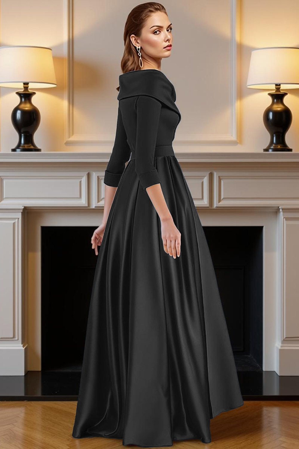 Navy V-Neck A Line High-Low Mother of the Bride Dress with Pockets