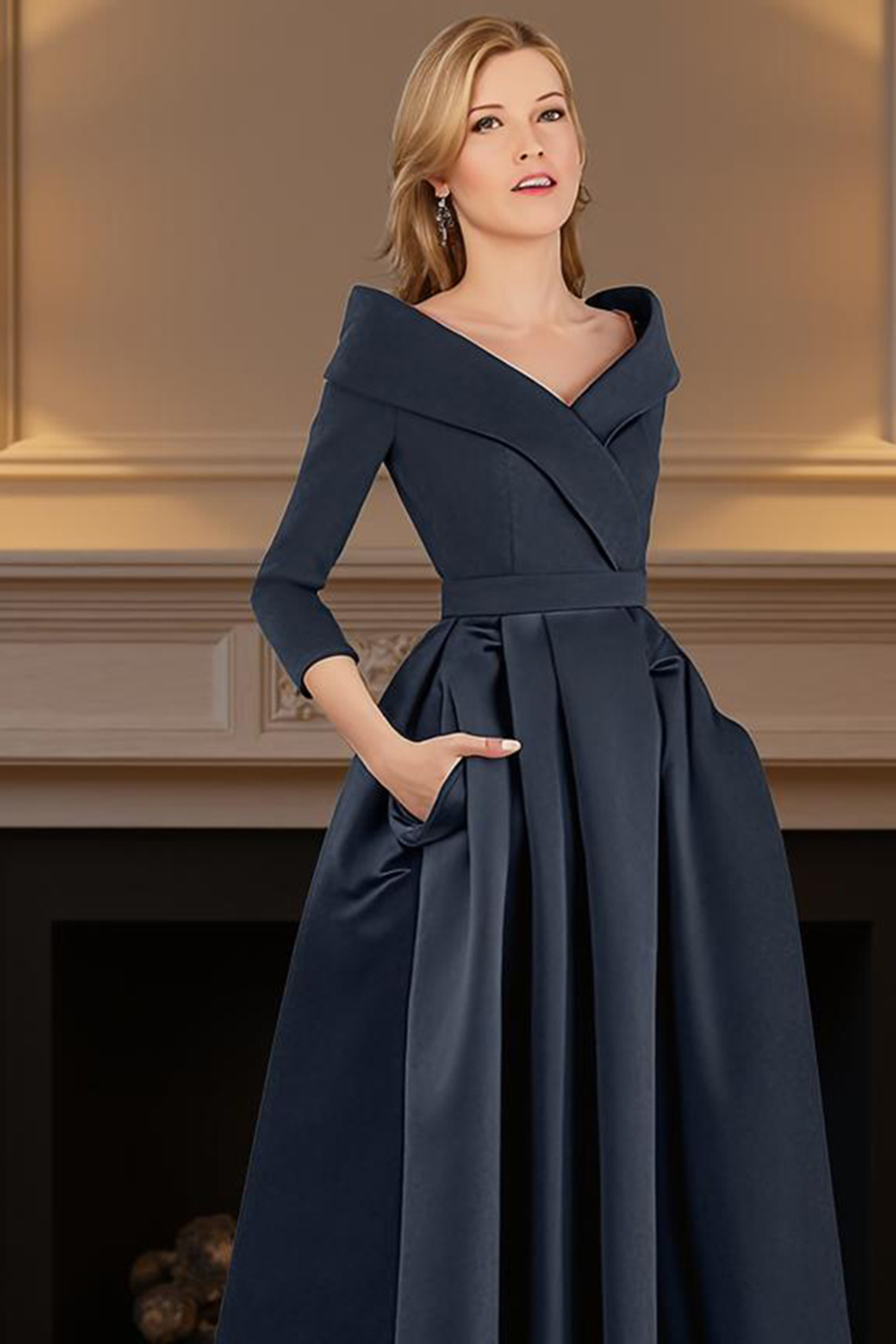 Navy V-Neck A Line High-Low Mother of the Bride Dress with Pockets