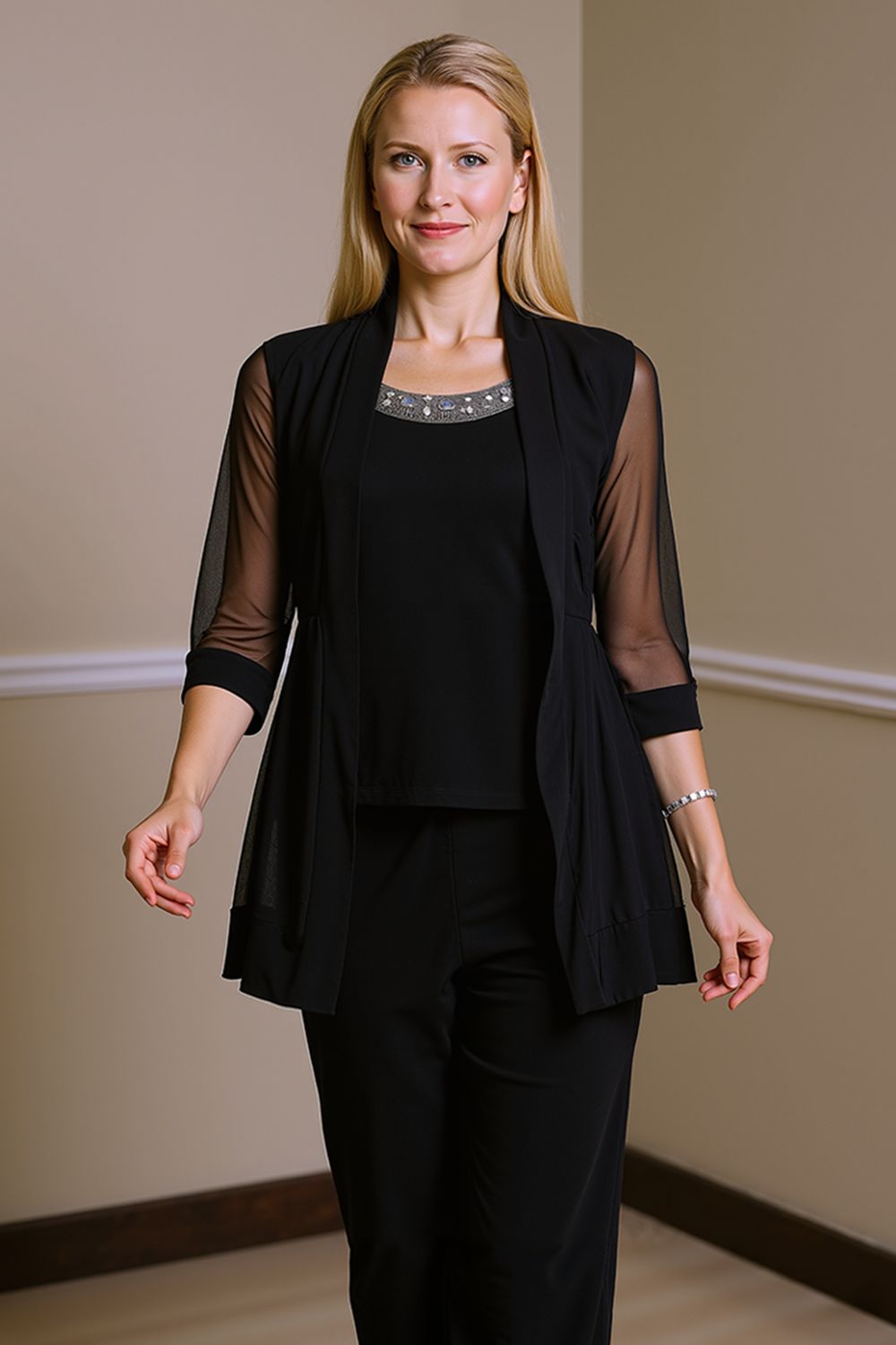 Sparkly Black Beaded Boat Neck 3 Piece Mother of the Bride Pant Suits with Jacket