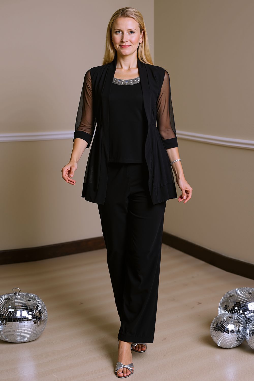 Sparkly Black Beaded Boat Neck 3 Piece Mother of the Bride Pant Suits with Jacket