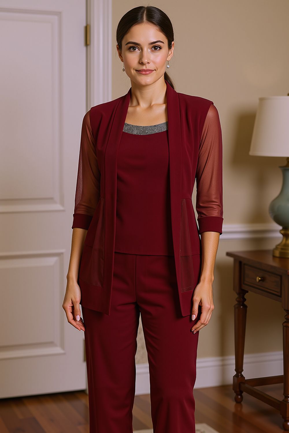 Sparkly Black Beaded Boat Neck 3 Piece Mother of the Bride Pant Suits with Jacket