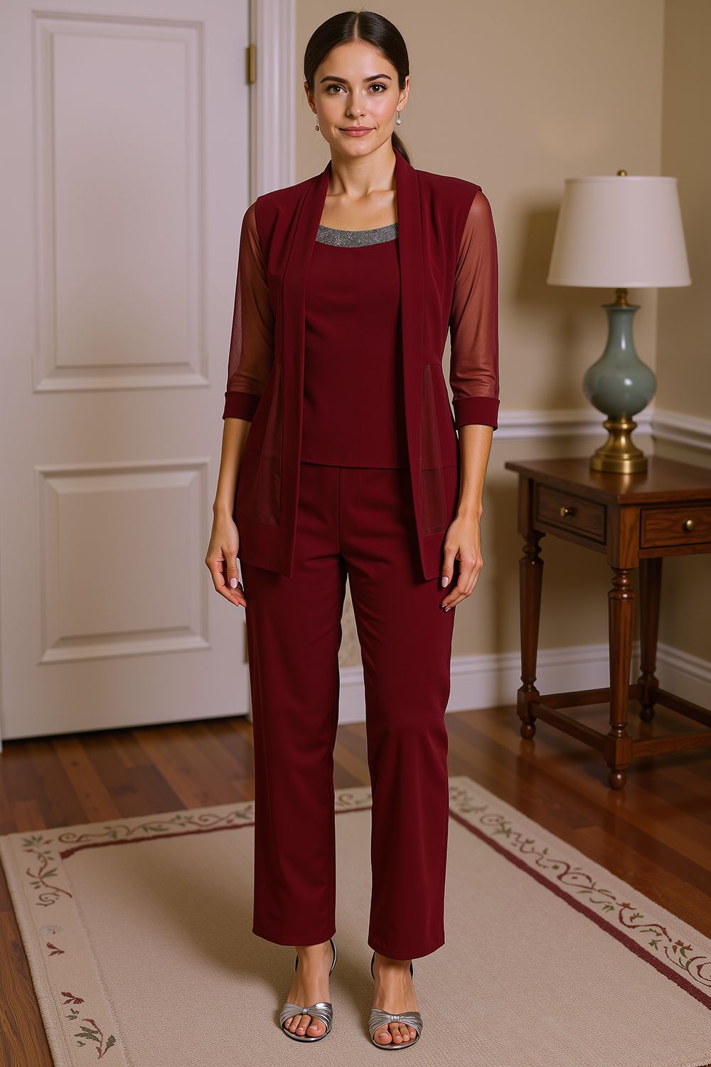 Sparkly Black Beaded Boat Neck 3 Piece Mother of the Bride Pant Suits with Jacket