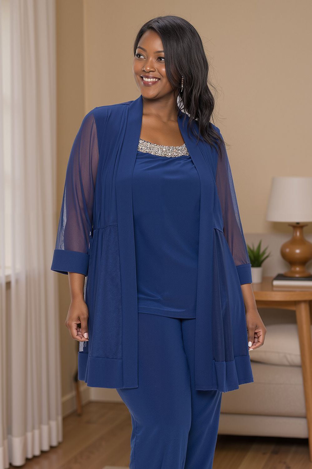 Sparkly Black Beaded Boat Neck 3 Piece Mother of the Bride Pant Suits with Jacket