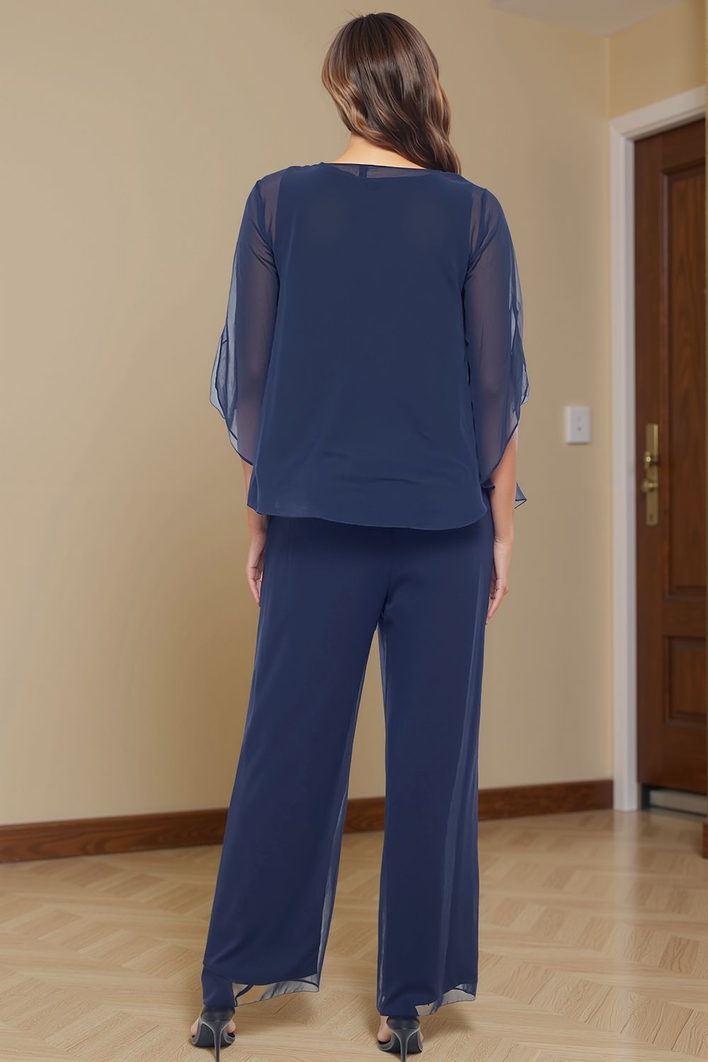 Navy V-Neck Chiffon 3 Piece Mother of the Bride Pant Suits with Jacket