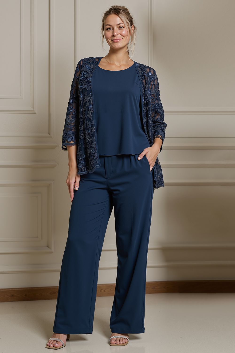 Navy Satin Boat Neck 3 Piece Mother of the Bride Pant Suits with Jacket