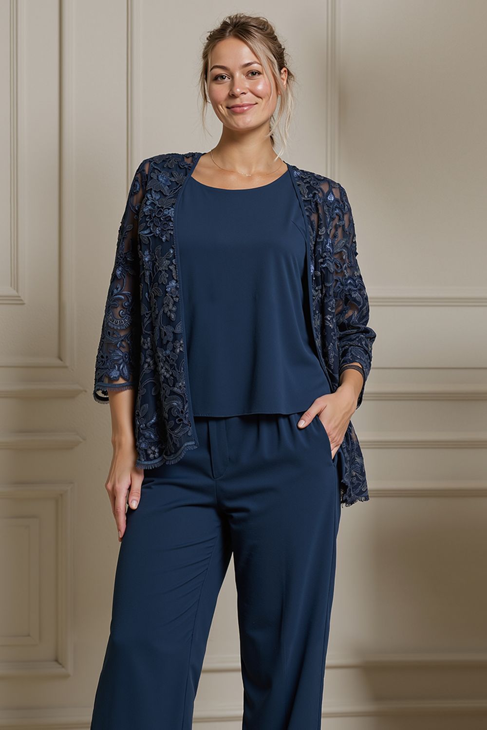 Navy Satin Boat Neck 3 Piece Mother of the Bride Pant Suits with Jacket