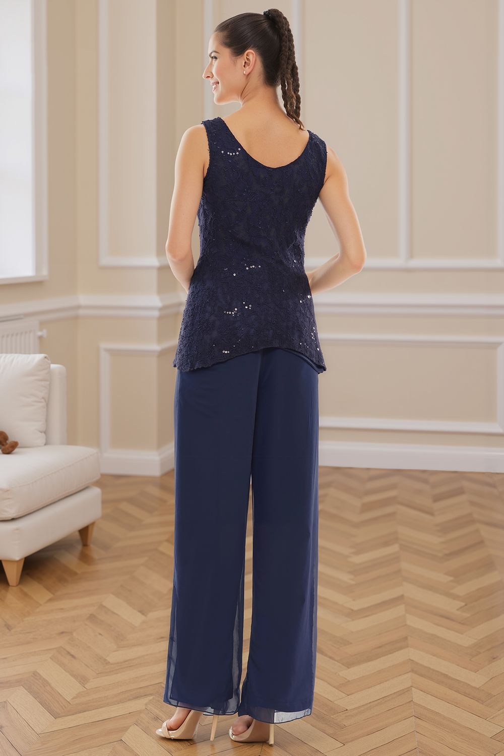 Royal Blue Tiered Chiffon 3 Piece Mother of the Bride Pant Suits with Jacket