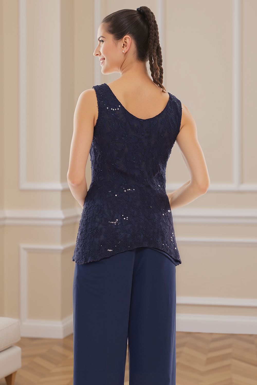 Royal Blue Tiered Chiffon 3 Piece Mother of the Bride Pant Suits with Jacket