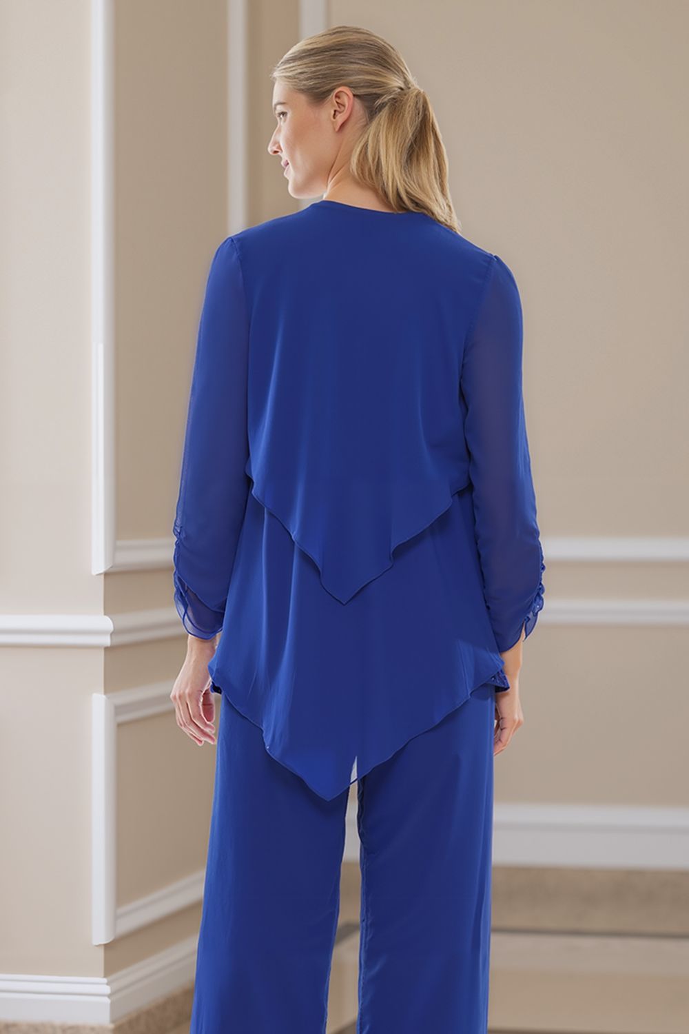 Royal Blue Tiered Chiffon 3 Piece Mother of the Bride Pant Suits with Jacket
