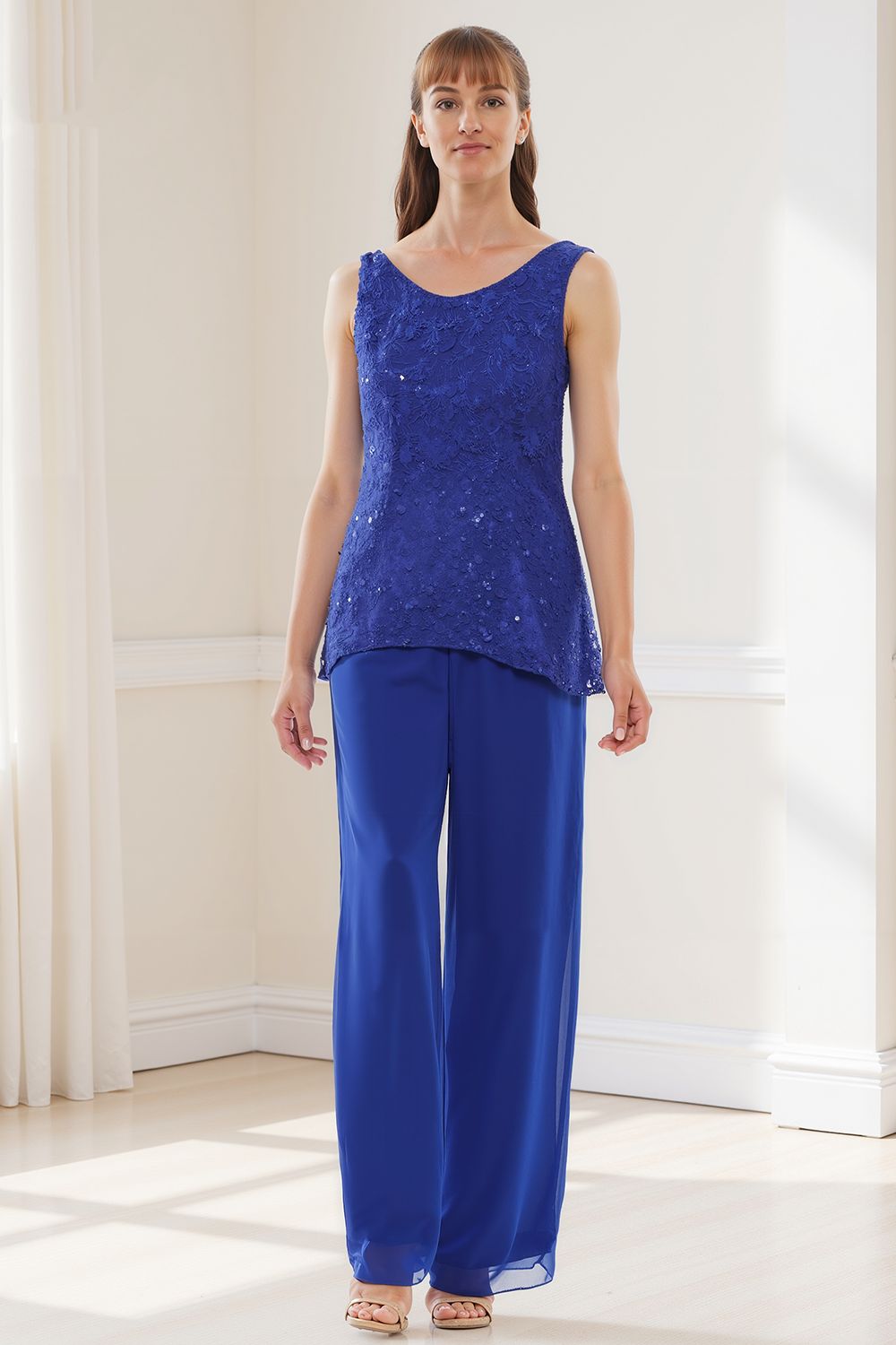 Royal Blue Tiered Chiffon 3 Piece Mother of the Bride Pant Suits with Jacket