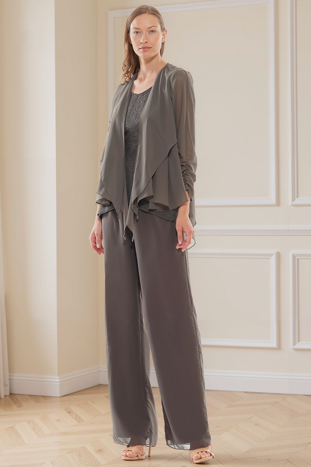 Royal Blue Tiered Chiffon 3 Piece Mother of the Bride Pant Suits with Jacket