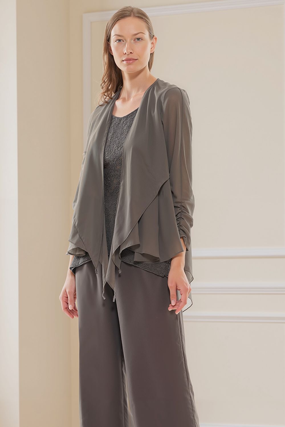 Royal Blue Tiered Chiffon 3 Piece Mother of the Bride Pant Suits with Jacket