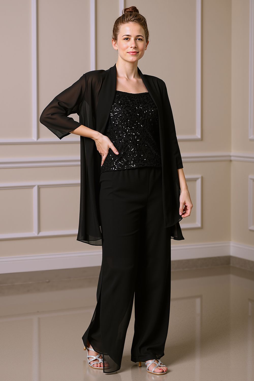 Sparkly Black Sequin Bateau Neck 3 Piece Mother of the Bride Pant Suits with Jacket