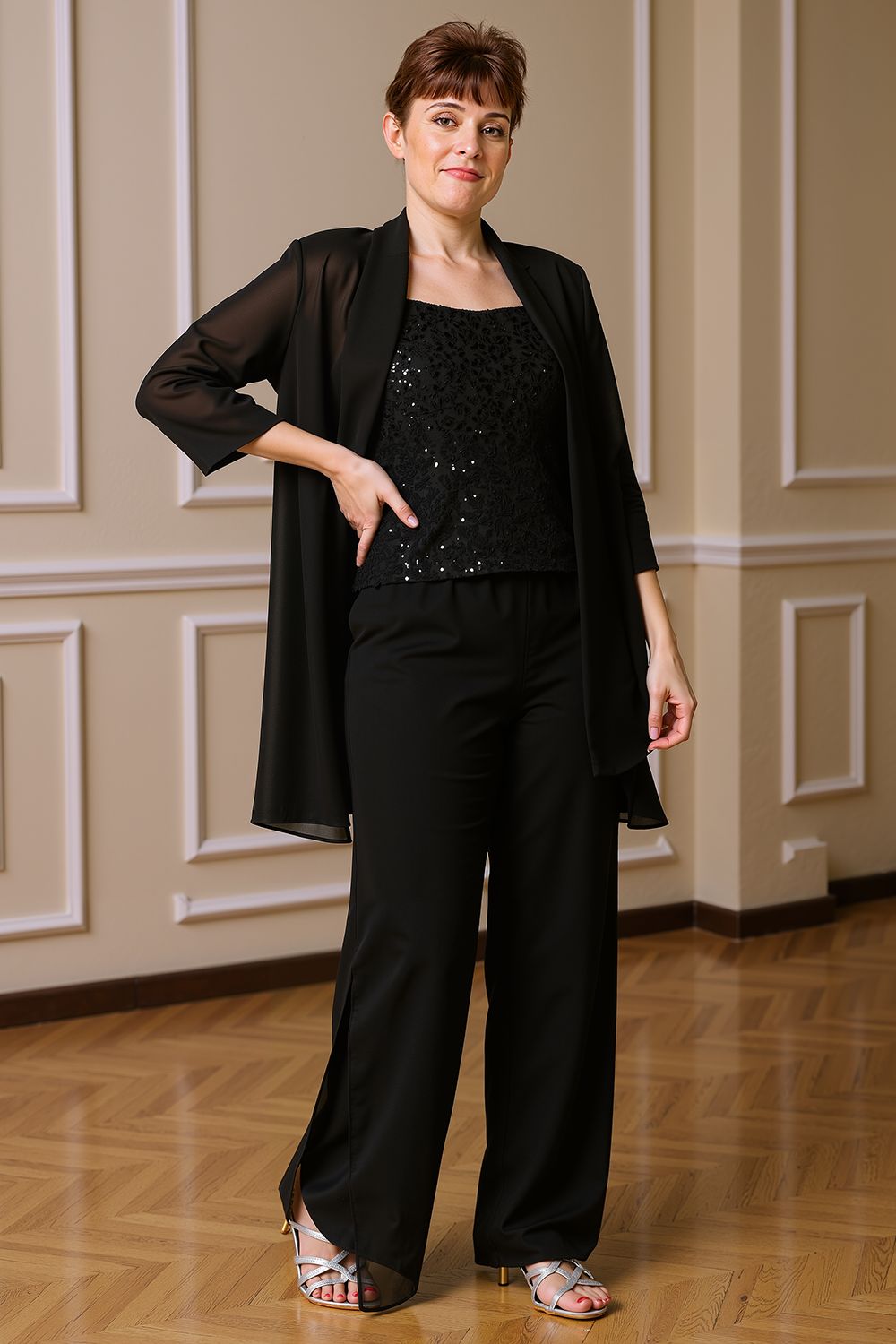 Sparkly Black Sequin Bateau Neck 3 Piece Mother of the Bride Pant Suits with Jacket