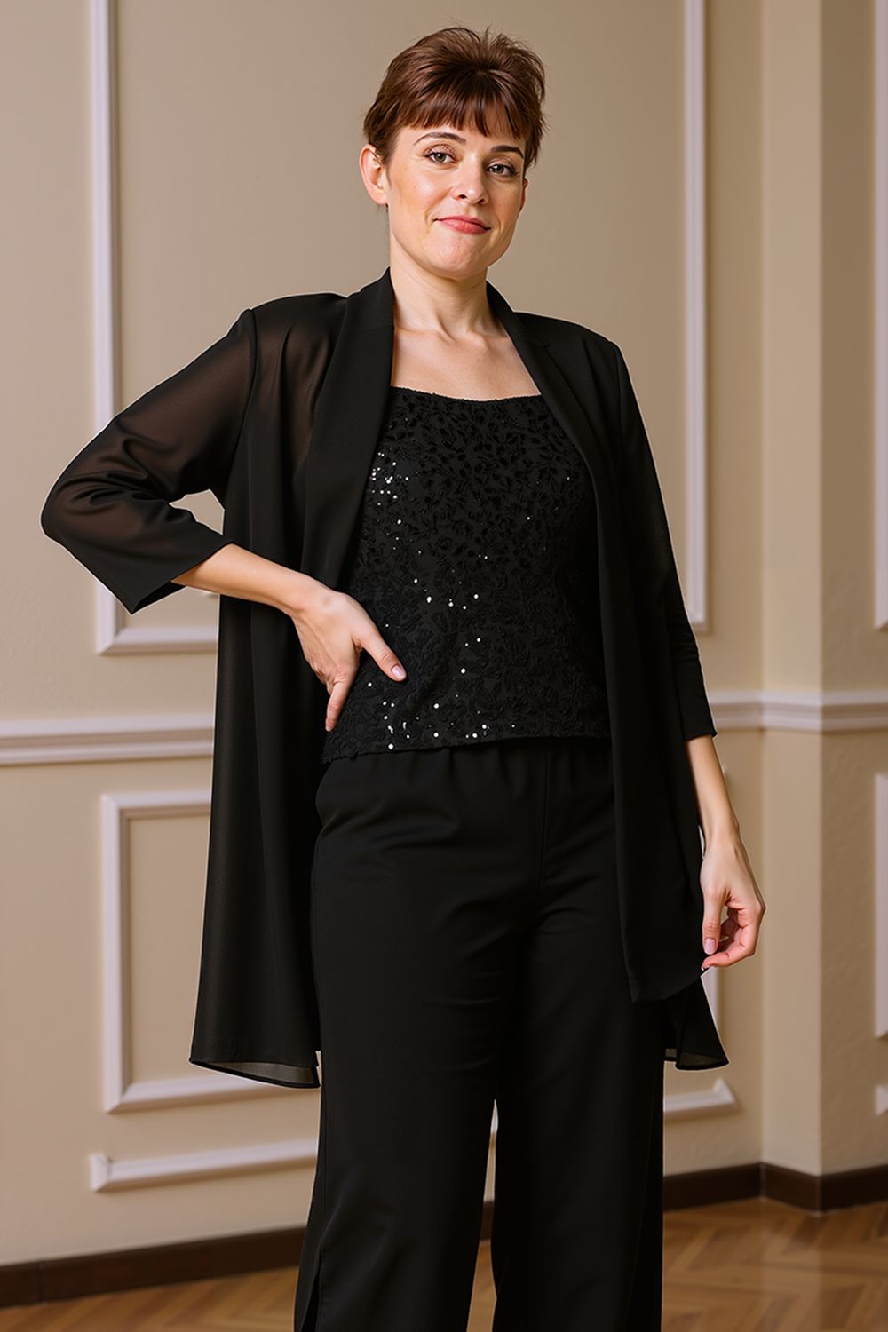 Sparkly Black Sequin Bateau Neck 3 Piece Mother of the Bride Pant Suits with Jacket