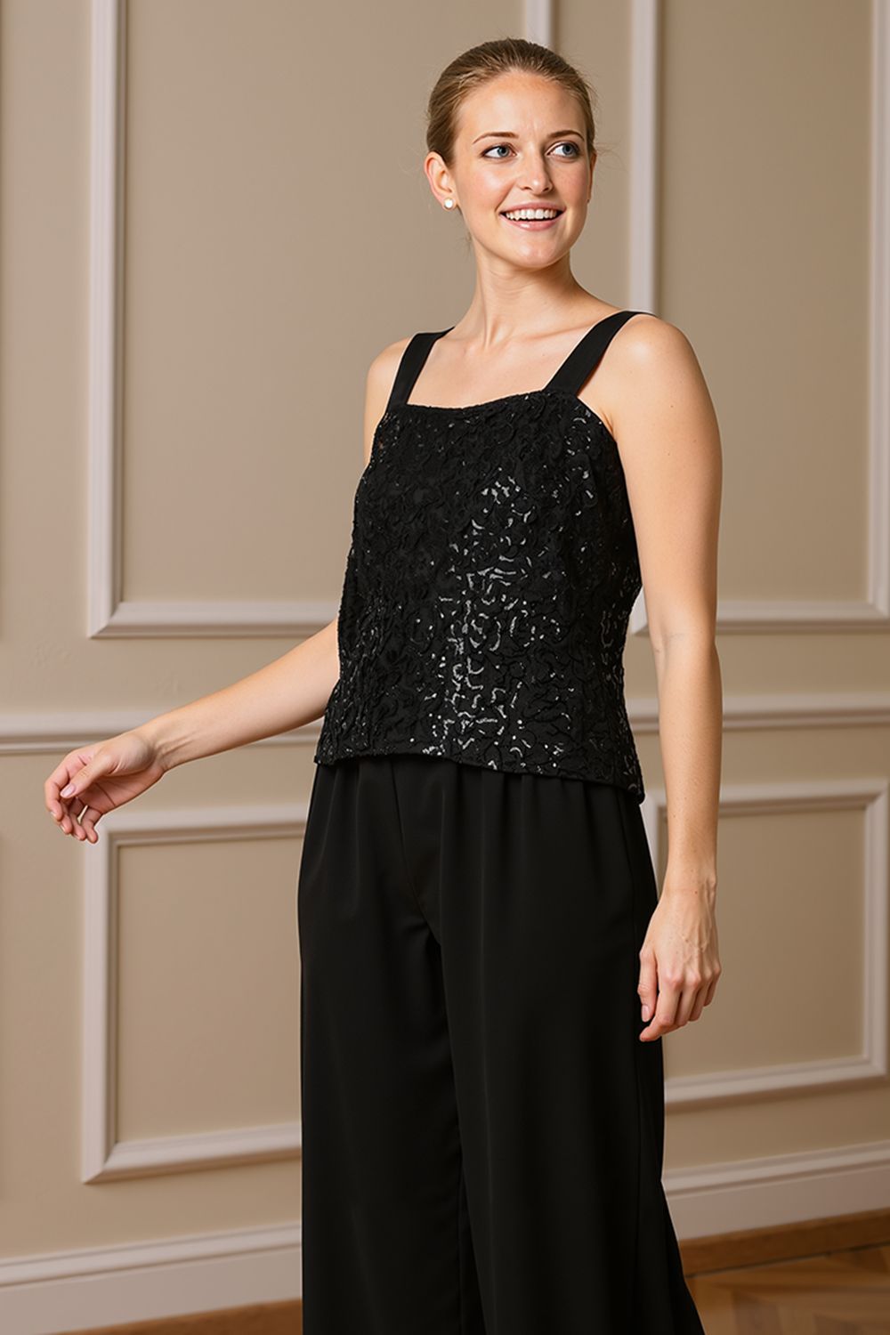 Sparkly Black Sequin Bateau Neck 3 Piece Mother of the Bride Pant Suits with Jacket