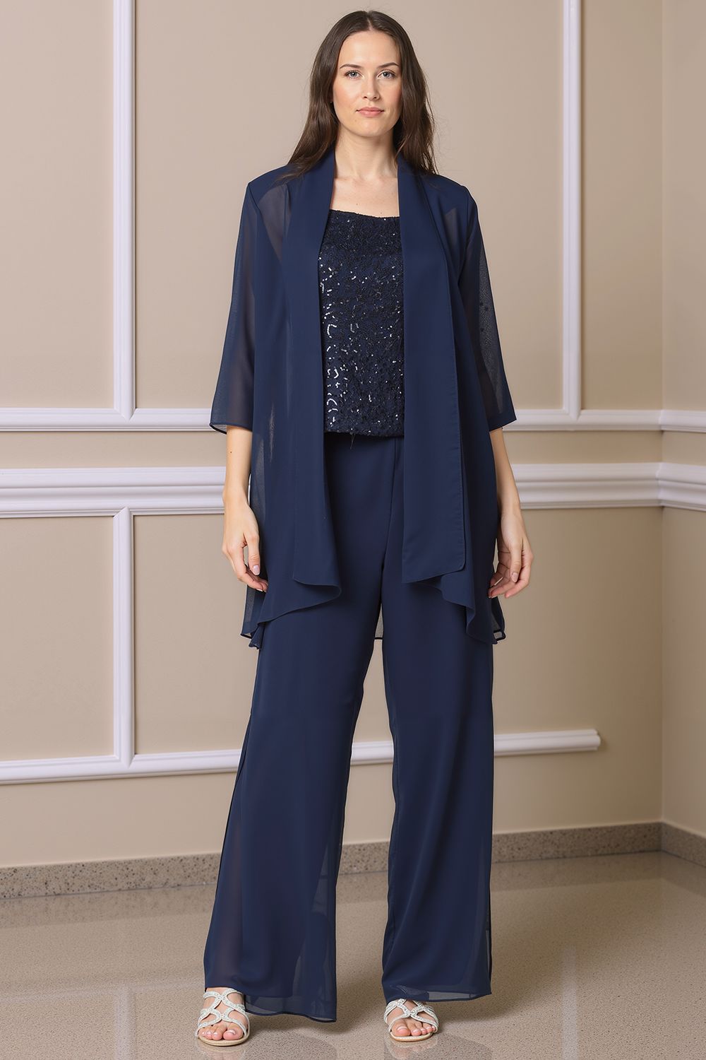 Sparkly Black Sequin Bateau Neck 3 Piece Mother of the Bride Pant Suits with Jacket