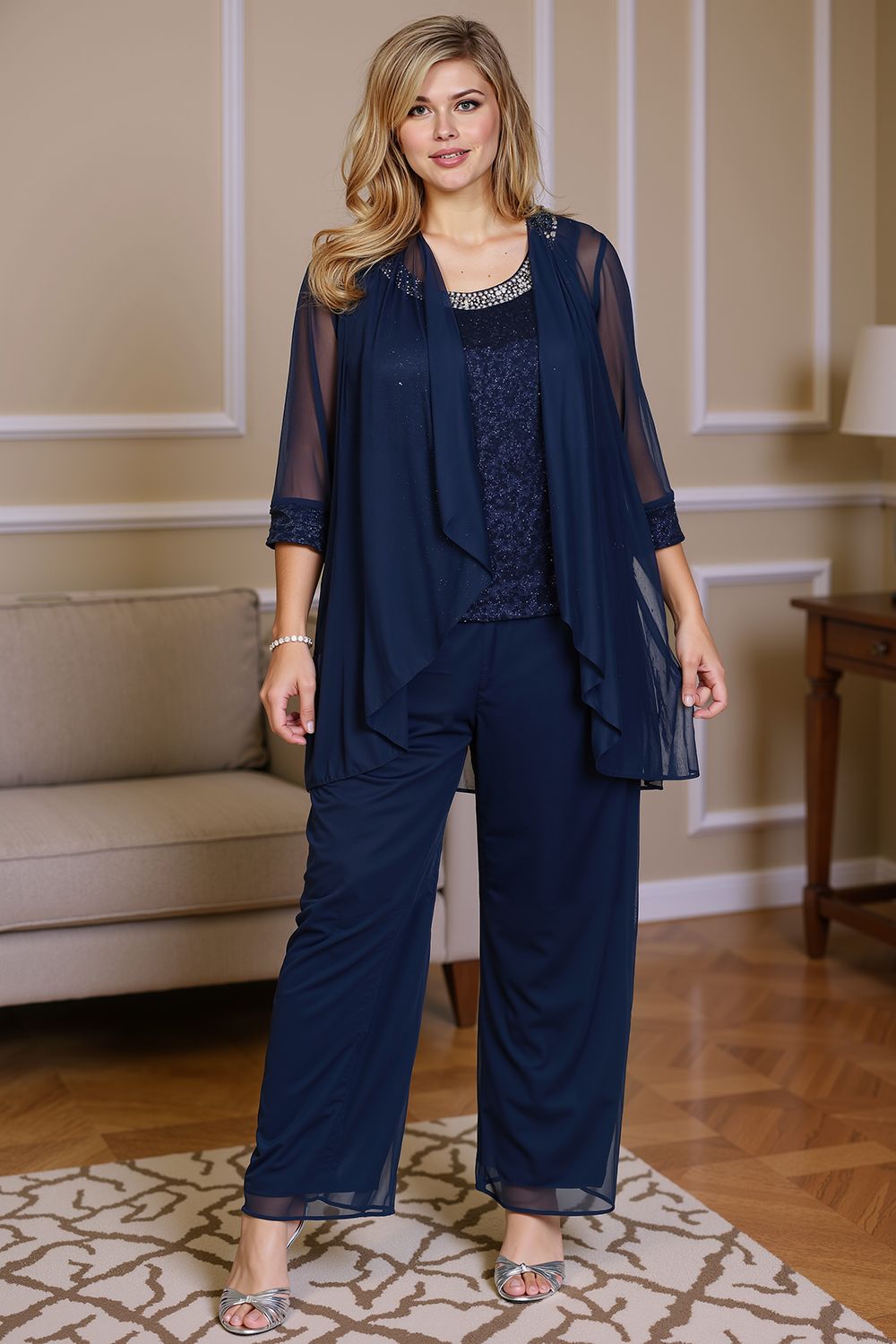 Dusty Blue Chiffon Boat Neck 3 Piece Mother of the Bride Pant Suits with Jacket