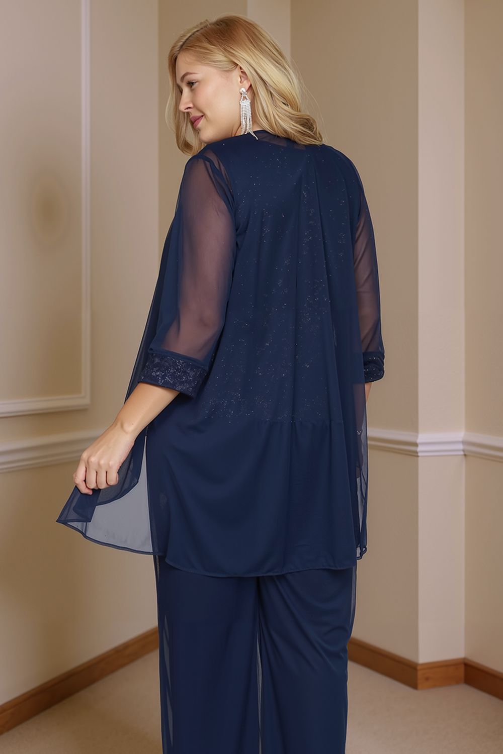 Dusty Blue Chiffon Boat Neck 3 Piece Mother of the Bride Pant Suits with Jacket