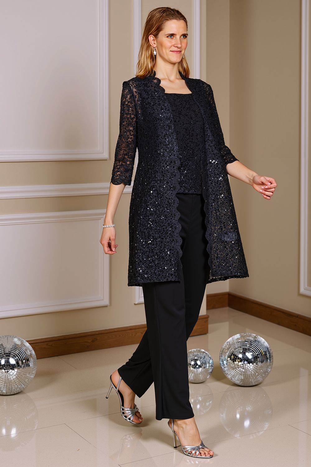 Sparkly Navy Sequin Bateau Neck 3 Piece Mother of the Bride Pant Suits with Jacket