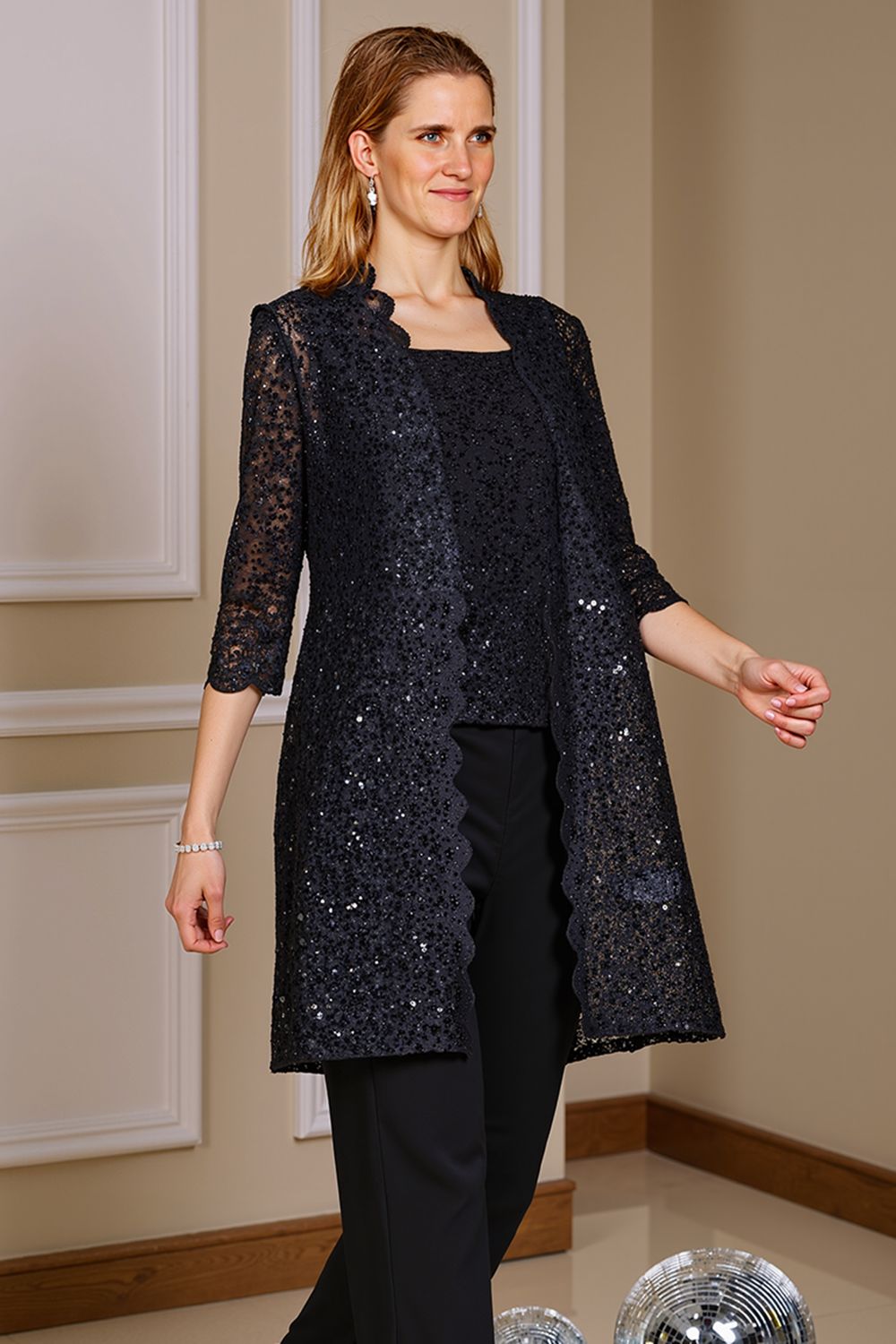 Sparkly Navy Sequin Bateau Neck 3 Piece Mother of the Bride Pant Suits with Jacket