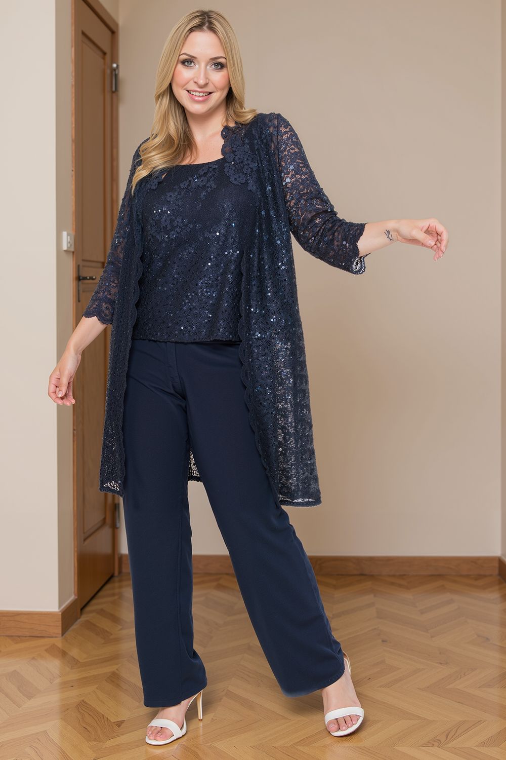 Sparkly Navy Sequin Bateau Neck 3 Piece Mother of the Bride Pant Suits with Jacket