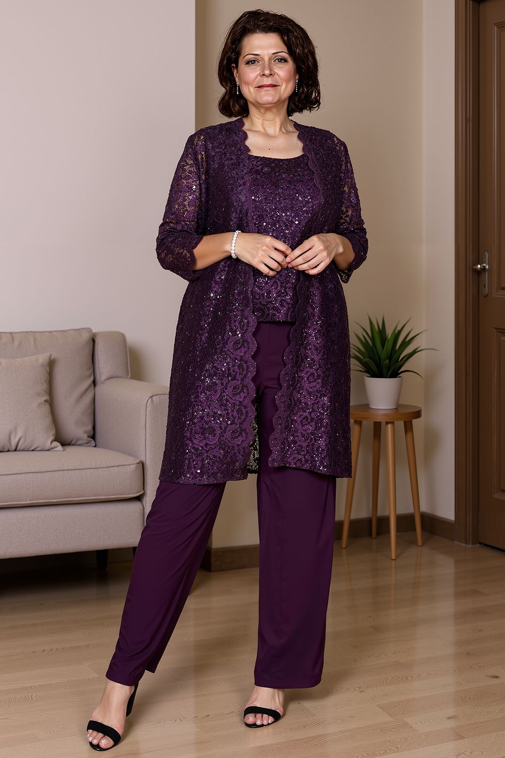 Sparkly Navy Sequin Bateau Neck 3 Piece Mother of the Bride Pant Suits with Jacket