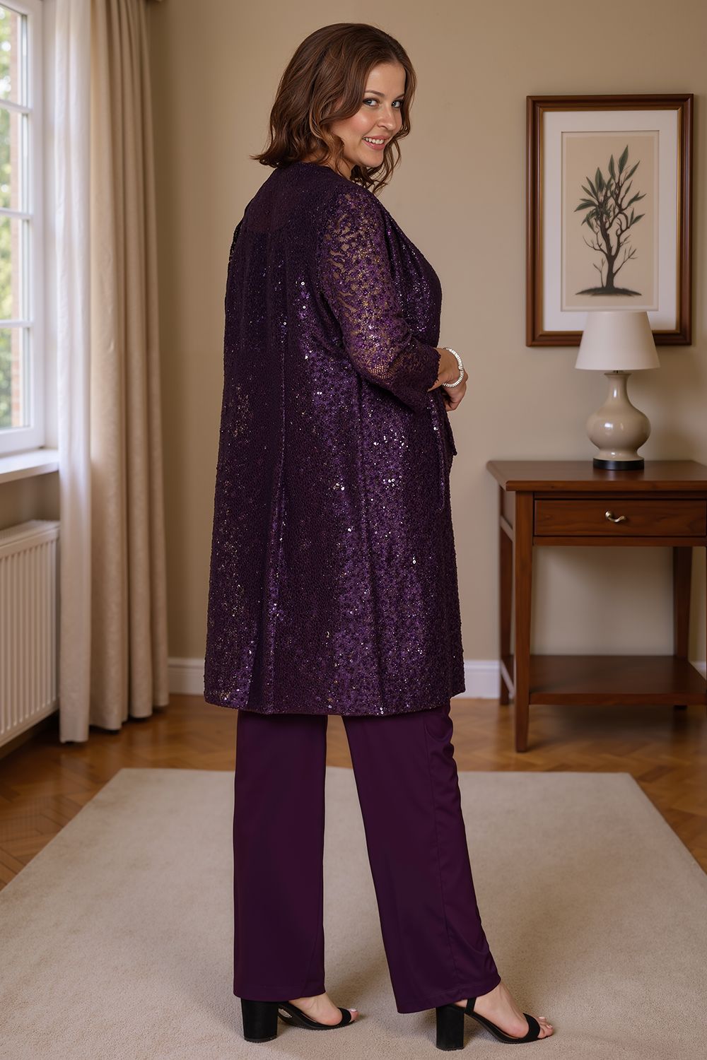 Sparkly Navy Sequin Bateau Neck 3 Piece Mother of the Bride Pant Suits with Jacket