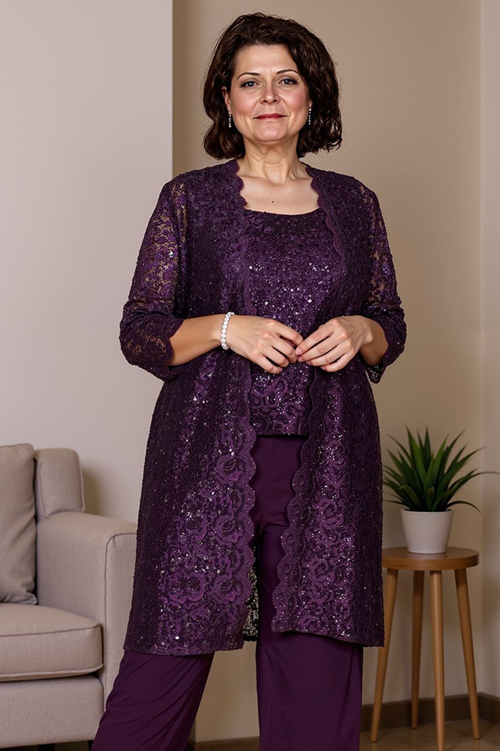 Sparkly Navy Sequin Bateau Neck 3 Piece Mother of the Bride Pant Suits with Jacket