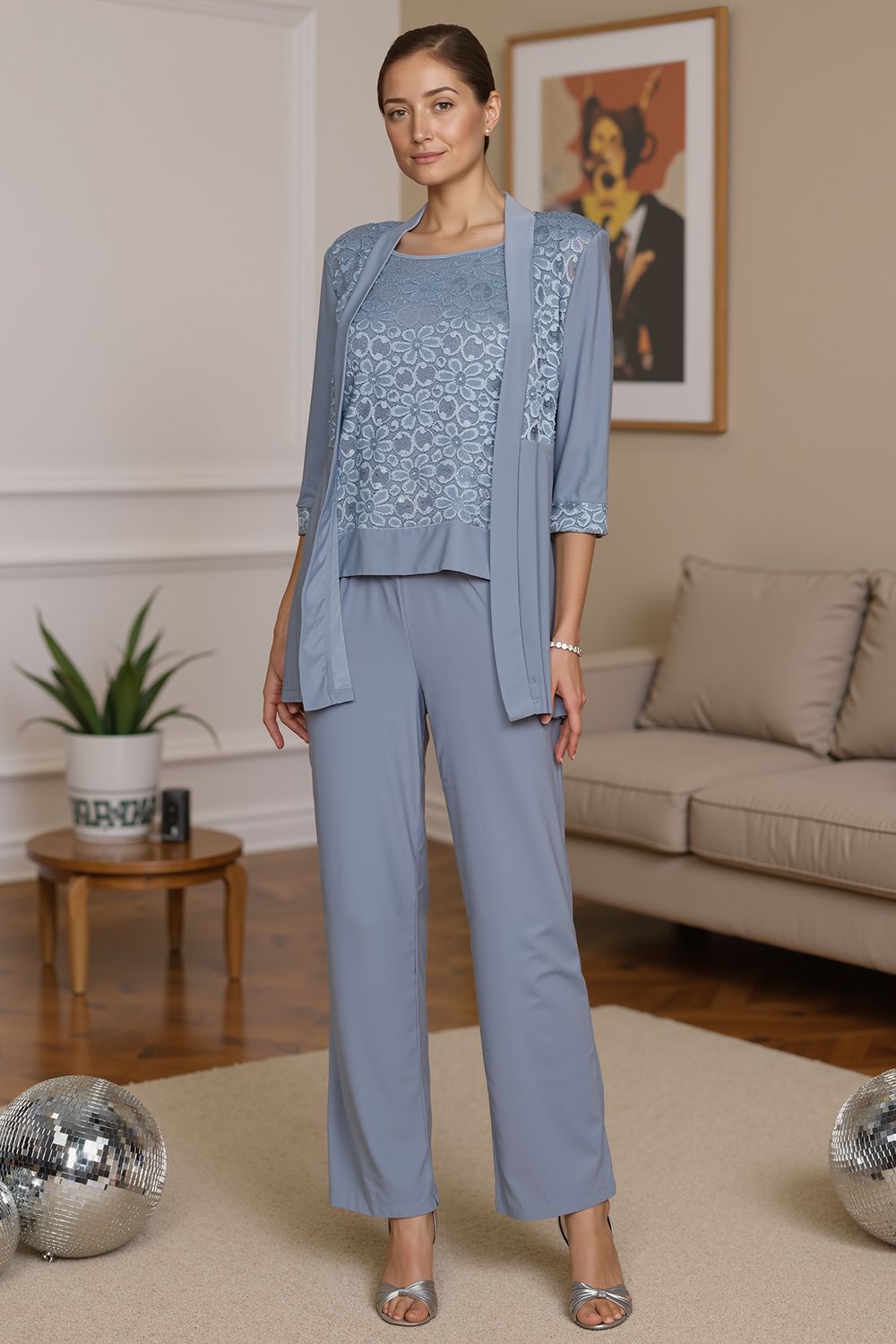 Dusty Rose Floral Chiffon 3 Piece Mother of the Bride Pant Suits with Jacket