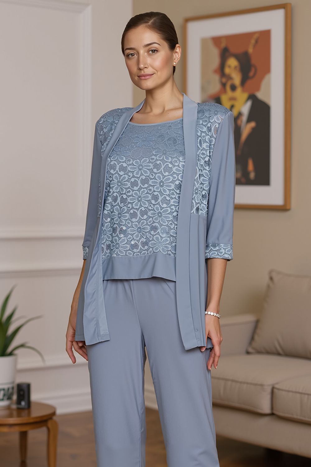 Dusty Rose Floral Chiffon 3 Piece Mother of the Bride Pant Suits with Jacket