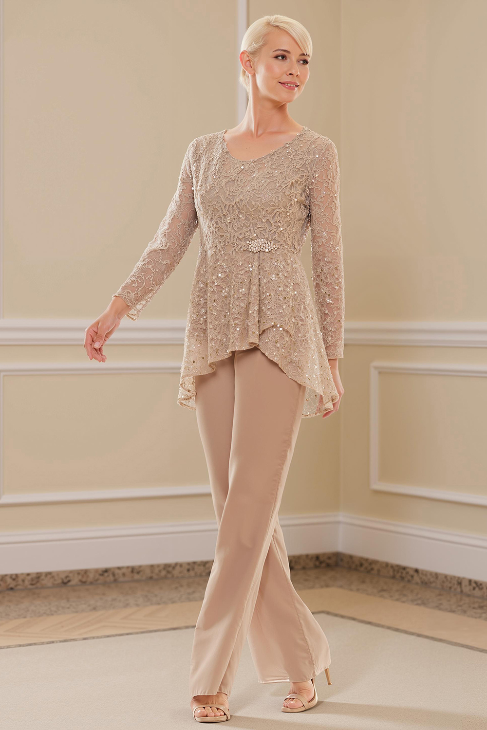 Steel Grey Glitter Sequin Boat Neck 3 Piece Mother of the Bride Pant Suits