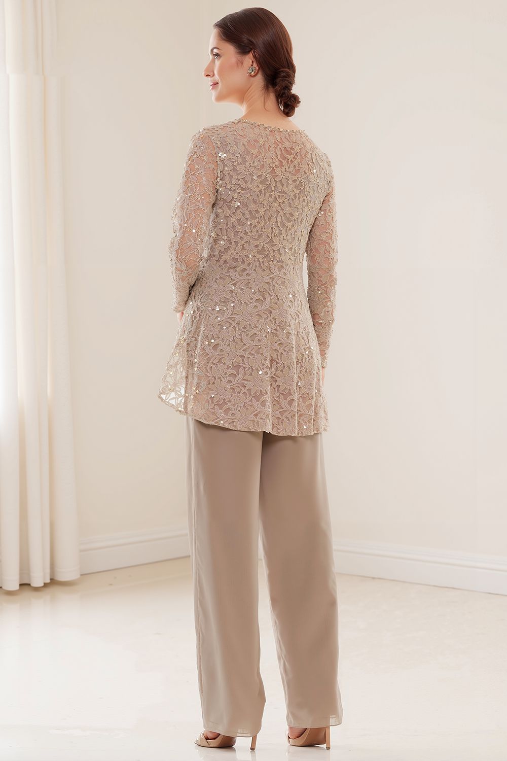 Steel Grey Glitter Sequin Boat Neck 3 Piece Mother of the Bride Pant Suits