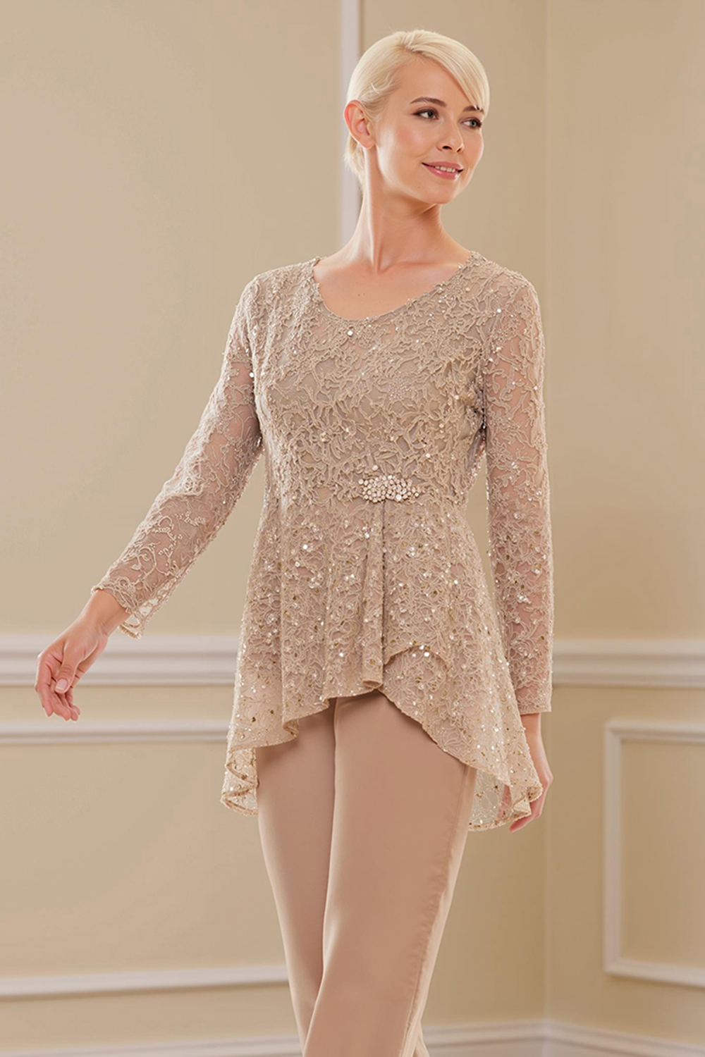 Steel Grey Glitter Sequin Boat Neck 3 Piece Mother of the Bride Pant Suits