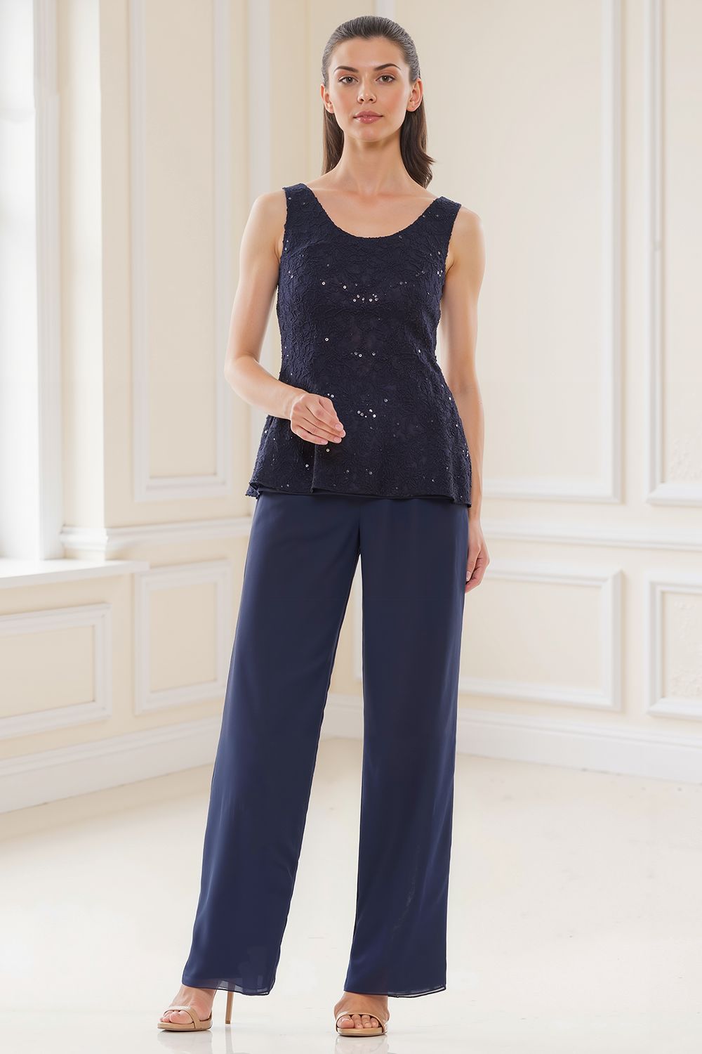 Steel Grey Glitter Sequin Boat Neck 3 Piece Mother of the Bride Pant Suits