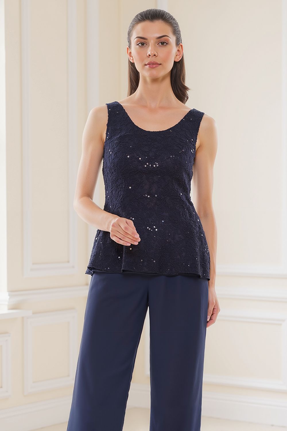 Steel Grey Glitter Sequin Boat Neck 3 Piece Mother of the Bride Pant Suits