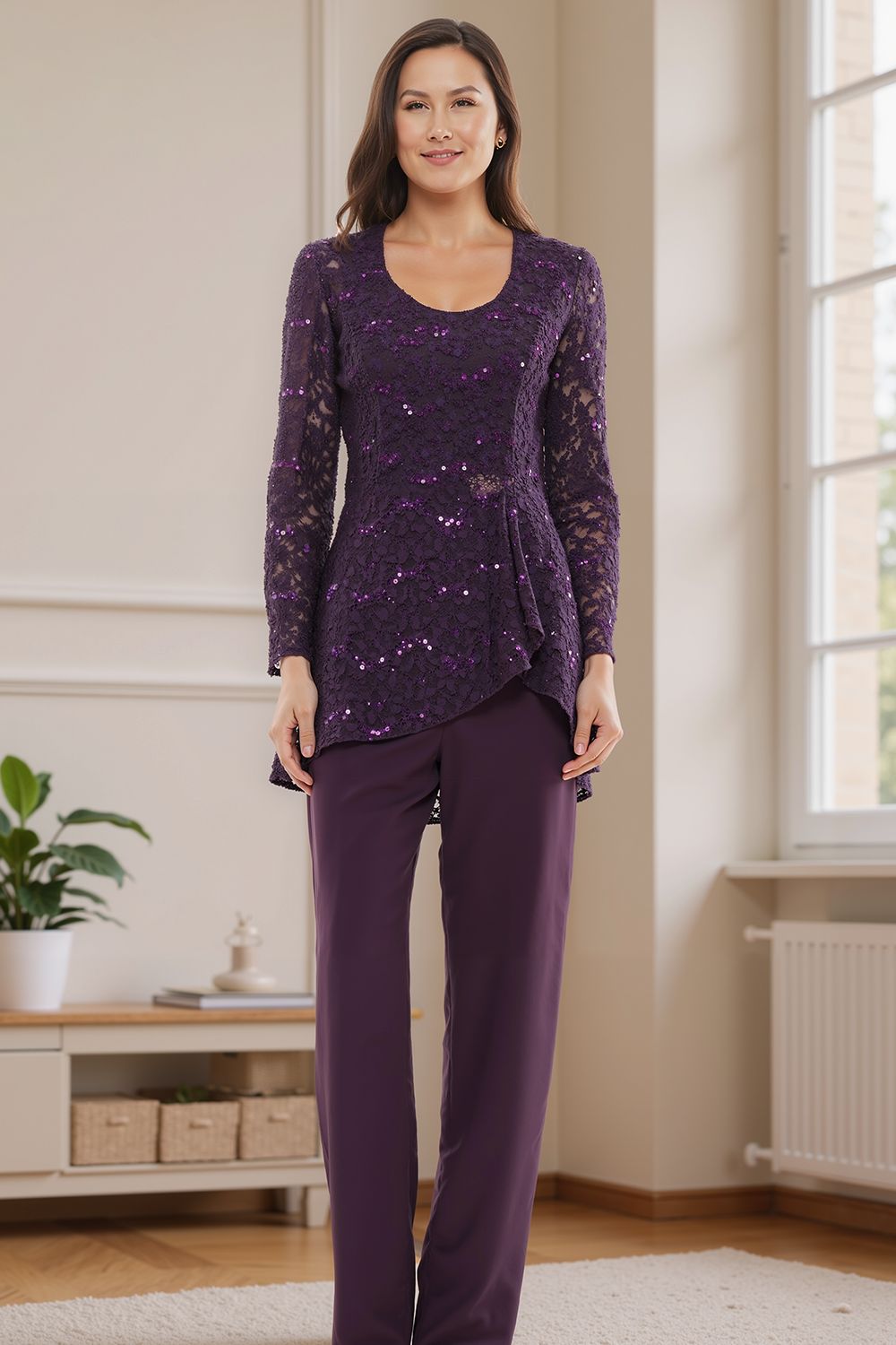 Steel Grey Glitter Sequin Boat Neck 3 Piece Mother of the Bride Pant Suits